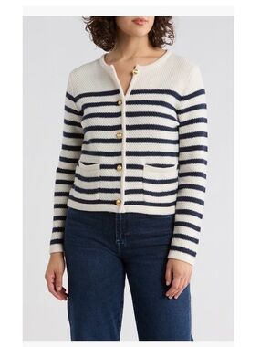 Striped Crewneck Button Cardigan Caslon  from Nordstrom